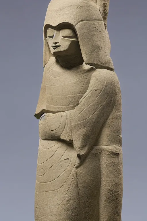 Image similar to A monumental sandstone statue of Darth Vador standing, in the style of the late Akkadian empire, museum catalog photography