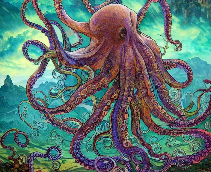 Image similar to portrait of an octopus themed wiman, full body shot, rule of thirds, amazing landscape in background, fantasy, whimsical, horror, art by riot games and chengwei pan and josephine wall and amanda sage and alphonse mucha, intricately detailed, highly detailed, luxurious, elegant, clean, unsettling, trending on artstation