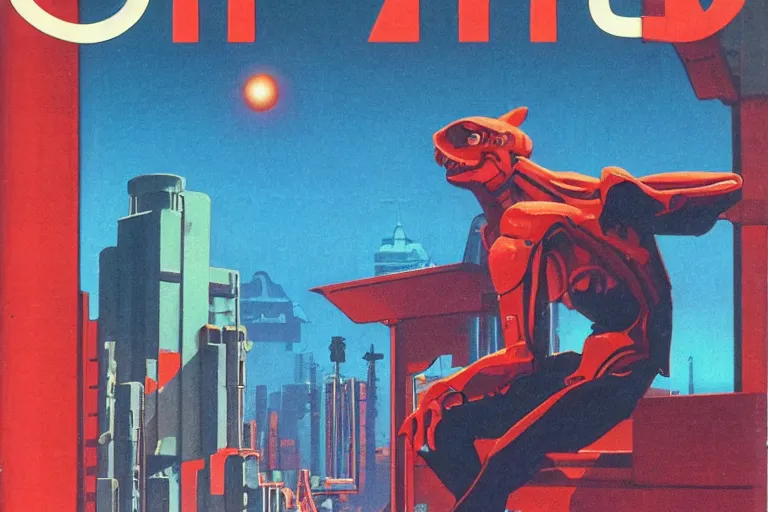 Image similar to 1979 Magazine Cover of an argonian leaning against a red jade desk with a large circular window to neo-Tokyo streets behind him. in cyberpunk style by Vincent Di Fate