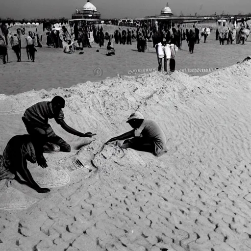 Prompt: a photo of tiny men constructing taj mahal made of sand