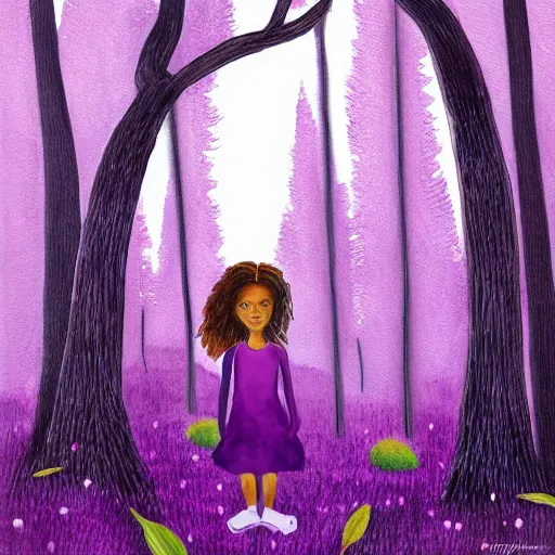 Prompt: girl hiding in a purple forest, drooping trees, photorealism