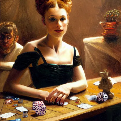 Prompt: a portrait of anthropomorphic ballerina sitting around a table in a tavern playing dice, furaffinity, by donato giancola and james gurney