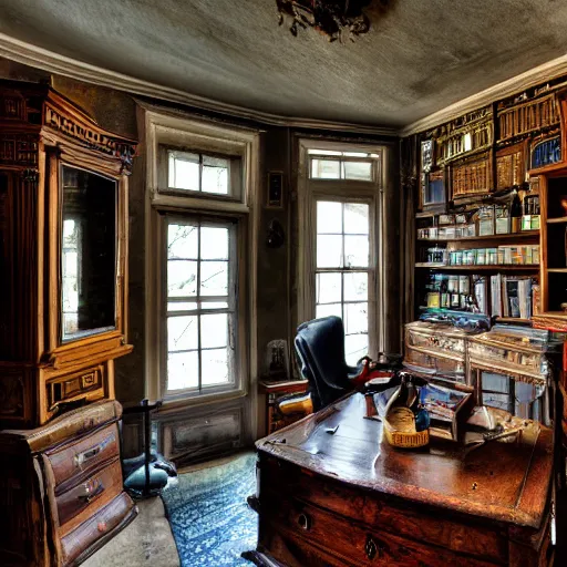 Prompt: The study of an explorer in the clue mansion Antiques HDR