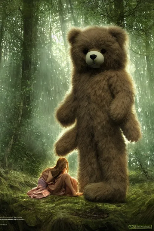 Prompt: mean fluffy teddybear protecting girl in a forest with rays of light coming through the canopy, masterpiece, dystopian, sci-fi, extremely detailed, digital painting, sculpted in zbrush, artstation, concept art, smooth, sharp focus, illustration, chiaroscuro lighting, golden ratio, incredible art, artgerm, greg rutkowski, alphonse mucha, simon stalenhag, carravaggio