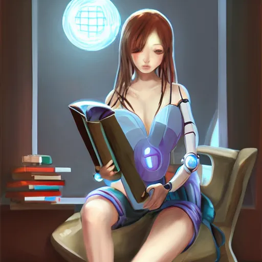 Image similar to robotic cybernetic girl reading a book, portrait, pixiv, arstation, digital art