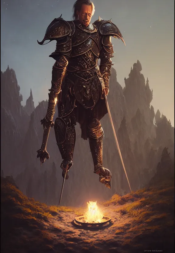 Image similar to highly detailed medium shot portrait of steve buscemi as a fantasy knight surrounded by magic, in skyrim, stephen bliss, unreal engine, fantasy art by greg rutkowski, loish, rhads, ferdinand knab, makoto shinkai and lois van baarle, ilya kuvshinov, rossdraws, tom bagshaw, global illumination, radiant light, detailed and intricate environment