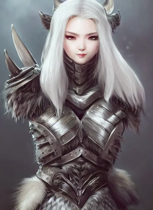 Image similar to warrior, fur - lined wolf armor!!! beautiful and elegant white hair female!! gorgeous ayes!! character concept art, sharp focus, octane render! unreal engine 5! highly rendered!! trending on artstation!! detailed linework!! illustration by artgerm, wlop, and chie yoshii