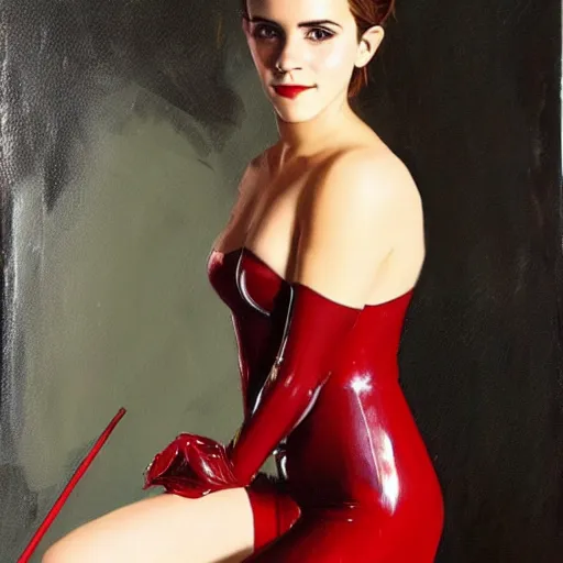 Prompt: oil painting of emma watson in slick red latex outfit, holding a riding crop. safe for work!