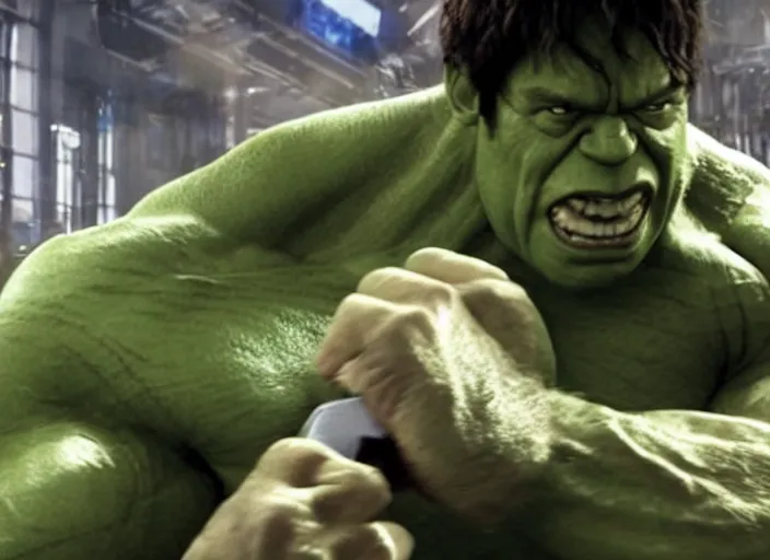 Image similar to film still of hulk bedazzling a shirt in the new avengers movie, 4 k