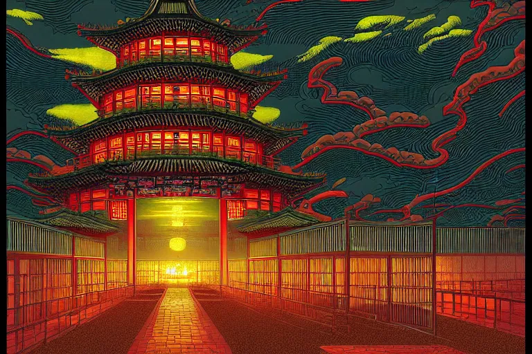 Prompt: artwork of a chinese prison by dan mumford and toshi yoshida and peter doig, symmetrical, vintage scifi, highly detailed, dramatic lightning,, 8 k