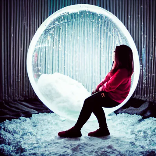 Image similar to a teenage emo girl squatting inside a giant snowglobe, editorial photography, in a photo studio