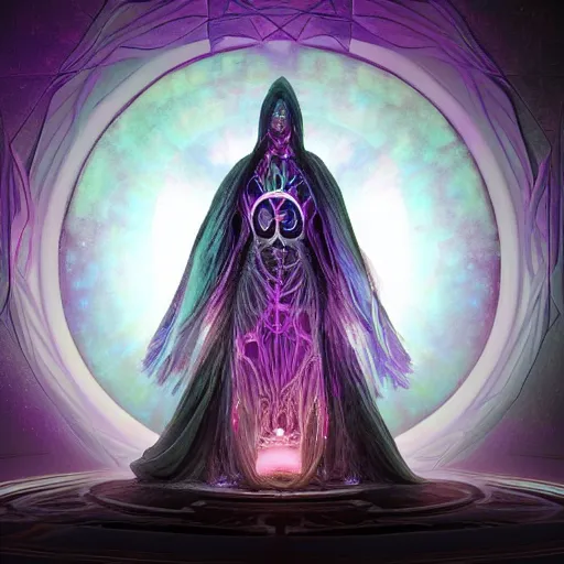 Image similar to A space wizard stand in front of giant, glowing crystal sits in the center of a dark room, Strange symbols line the walls, and a soft light glows from somewhere deep within the room, highly detailed, digital photo, HDRI, by christopher bretz and kael ngu, vivid colors, high contrast, 8k resolution, intricate, photorealistic, smooth, psychedelic color scheme, concept art, award winning, behance contest winner