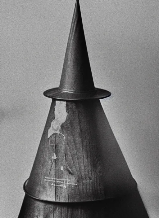 Image similar to realistic photo of a a scientist medieval wooden cone hat, covered in tesla electricity aura, greyscale 1 9 9 0, life magazine photo, natural colors,