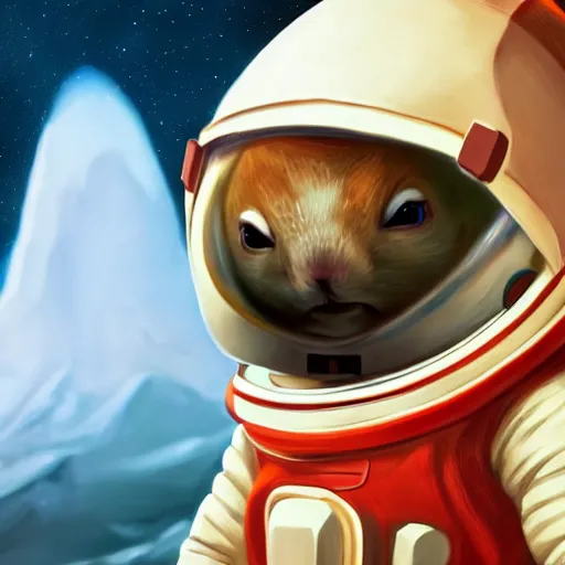 Image similar to an adorable chipmunk in an astronaut suit on the moon, warm lighting with cool shadows, digital painting, detailed, trending on artstation, in the style of dominik mayer thomas dubois, gaston bussiere, 8 k, octane render