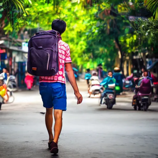 Prompt: 20 year old male American tourist wearing a backpack walking through hanoi as a Vietnamese propaganda poster. 8k resolution.