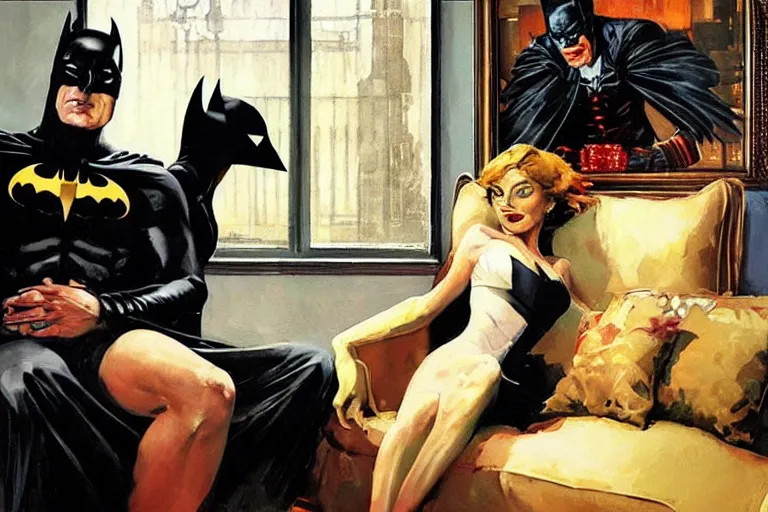 Image similar to batman sits on a sofa beside his wife and expresses his displeasure at the manner of her dress, painted by phil hale and rick berry and dean cornwell and norman rockwell and jeremy mann