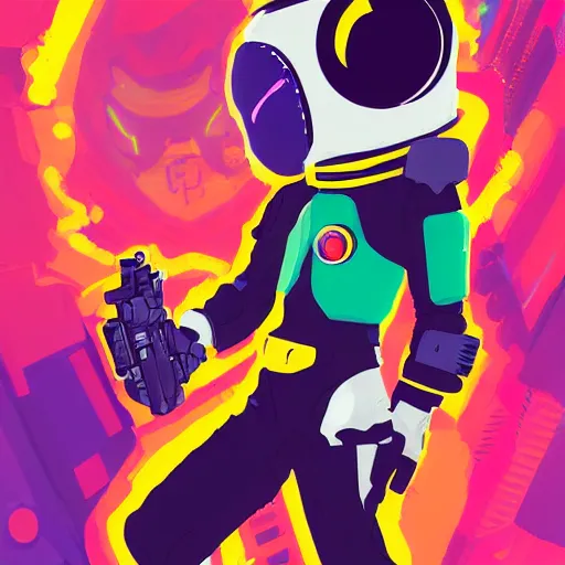 Prompt: a stylized portrait of a young masked boy as an astronaut superhero with a revolver, overwatch style, stylized, arcane magic, orange and green power, vaporwave, vivid color, lens flare, volumetric light from above, background by liam wong, art by raymond swanland + marc simonetti + greg rutkowski + harumi hironaka