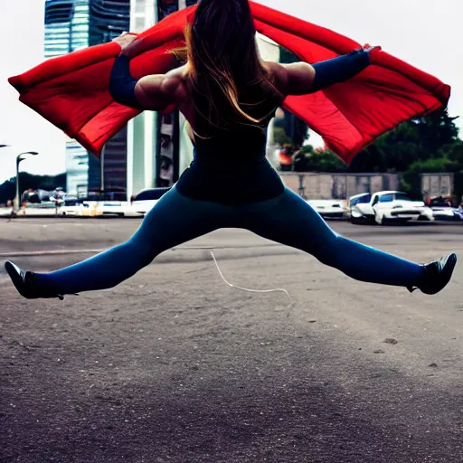 Prompt: car jumping, bodybuilder, woman, holding, photo, digital art, hands, underbody, throw, standing