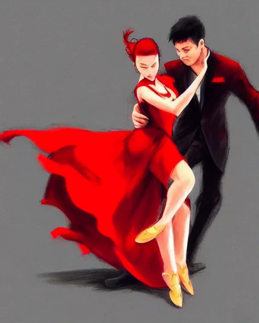 Image similar to Dancing Gesture draw by Stanley Artgerm Lau, Gesture draw, Salsa Dance, couple, lady using red dress, guy using a fancy suit, Salsa tricks, WLOP, Rossdraws, James Jean, Andrei Riabovitchev, Marc Simonetti, and Sakimichan, trending on artstation