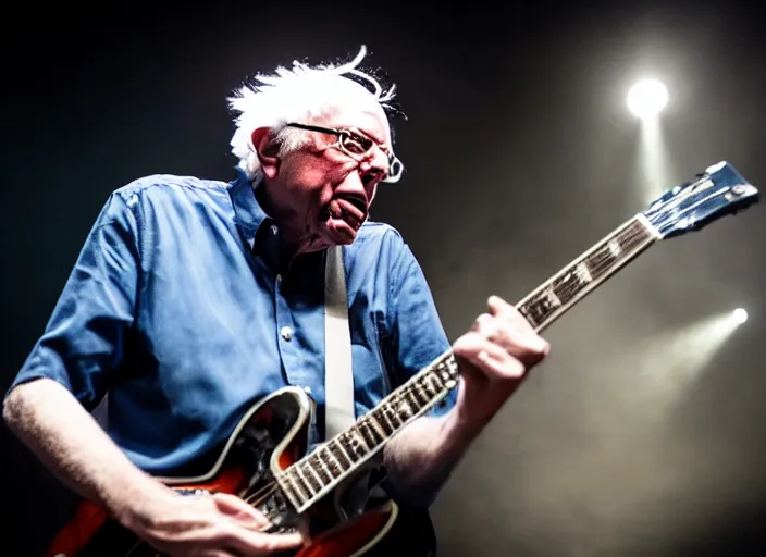 Prompt: publicity photo still of bernie sanders in a death metal band playing live on stage, 8 k, live concert lighting, mid shot