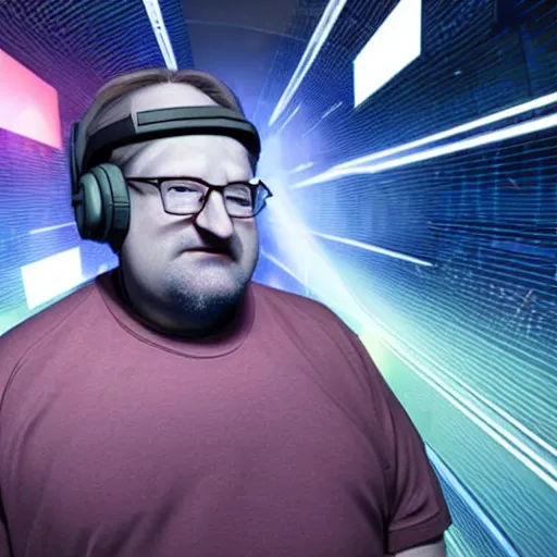 Prompt: Gabe newell enters the metaverse, futuristic, cyber, striking, impactful, colorful