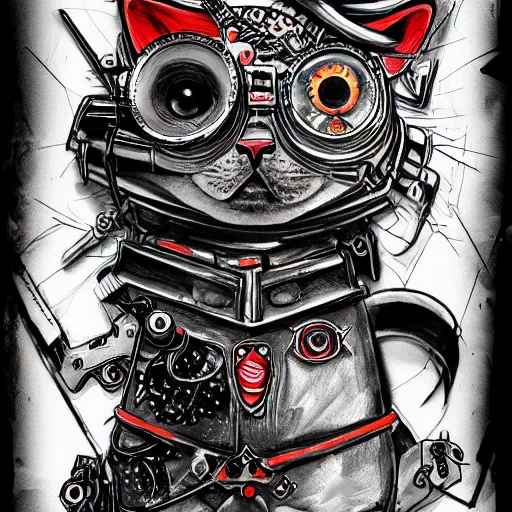 Prompt: trash polka tattoo sketch 2 d cartoon cybernetic kitten and evil unicorn robot, pencil drawing, clear lines, fractals, hard style, elaborate details, black and red, steampunk, background white paper, 4 k, ultra detailed - n 4