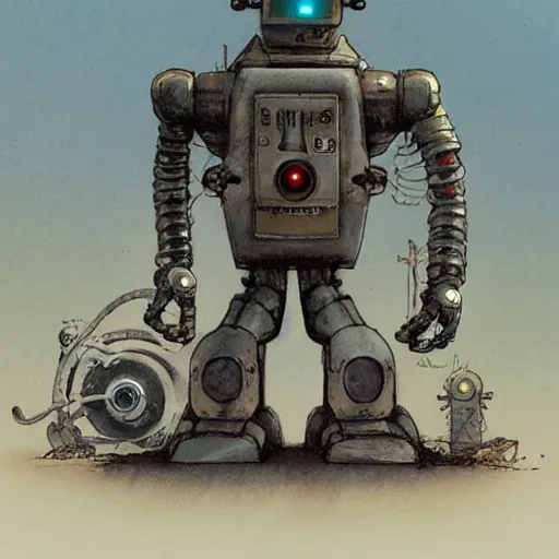 Prompt: retrofuturist robot by jean baptiste monge, muted colors,