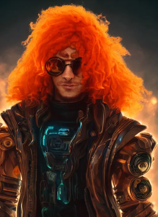 Prompt: cyberpunk portrait of a curly orange hair man as a champion from league of legends, au naturel, hyper detailed, digital art, trending in artstation, cinematic lighting, studio quality, smooth render, unreal engine 5 rendered, octane rendered, art style by pixar dreamworks warner bros disney riot games and arcane.