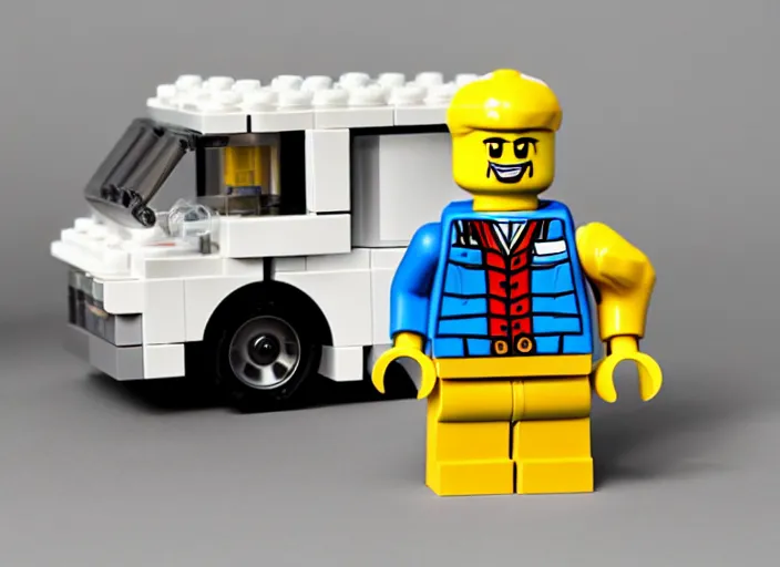 Prompt: product photo still of lego!!!! walter white!!!! with a lego winnebago in the background, 8 k, 1 2 0 mm macro, f 1. 8, studio lighting, key light