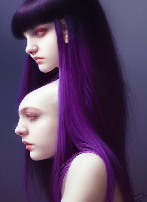 Image similar to hair whitebangs hair, black hair, whitebangs, portrait of teenage girl with white bangs, red irises, purple clothes, white bangs, bangs are different color from hair, intricate, elegant, glowing lights, highly detailed, digital painting, artstation, concept art, smooth, sharp focus, illustration, art by wlop, mars ravelo and greg rutkowski