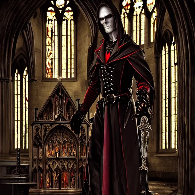 Prompt: a vampire warrior in a gothic church, highly detailed, 4 k, hdr, smooth, sharp focus, high resolution, award - winning photo, illustrated by anne stokes, photorealistic