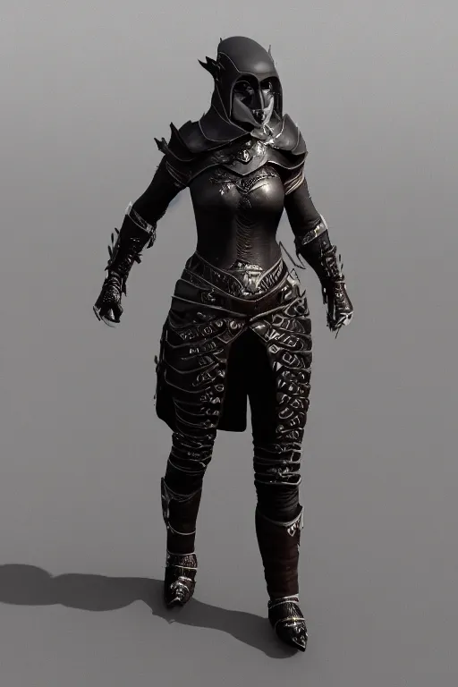 Image similar to female adventurer in tight full - body leather armor of altmer design with white porcelain crow mask, trending in artstation, establishing shot