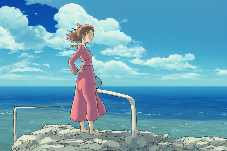 Prompt: A cell animation of a young woman looking out over the sea, Miyazaki Hayao, ghibli style, illustration, azure tones, vintage colors, large clouds visible, anime, trending on artstation