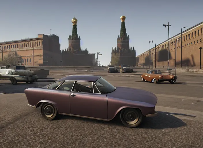 Image similar to hyperrealistic matte painting of gta game in moscow, 1 9 6 0, playstation 5 screenshot, man in adidas, mega details, golden hour, fog beautiful rtx reflections, soviet suburbs, photorealistic, unreal engine 5, octane render, volumetric light, featured on cg society, 4 k, 5 0 mm bokeh, russian lada car, artstation