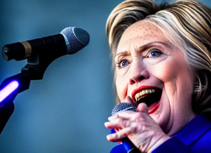 Image similar to publicity photo still of hillary clinton in a death metal band playing live on stage, 8 k, live concert lighting, mid shot