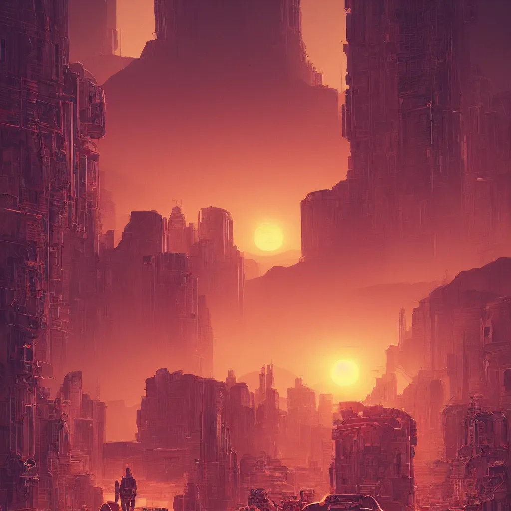 Image similar to the sun is setting over a city on mars, cyberpunk art by alena aenami, featured on deviantart, digital art, matte drawing, matte painting, speedpainting