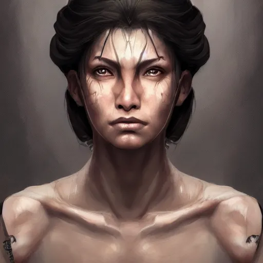 Prompt: beautiful, very strong, mixed race, female, middle aged, face, no makeup, no tattoos, warrior, battle hardened, head shot, fantasy, highly detailed, digital painting, artstation, concept art, smooth, sharp focus, illustration, art by jodie muir and brom