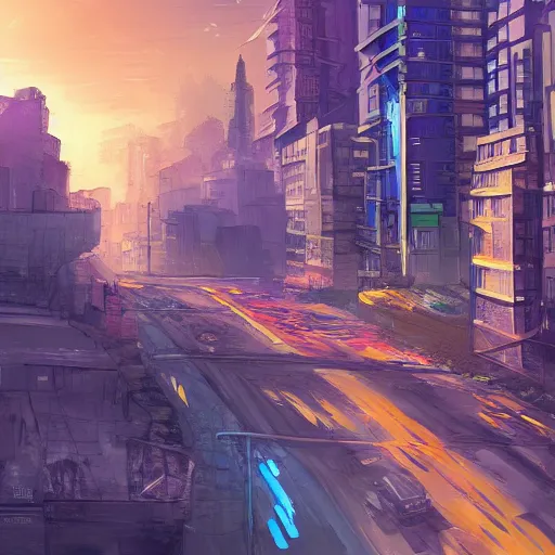 Image similar to mumbai in the future, city streets, golden hour, distopian fantasy, trending on pixiv