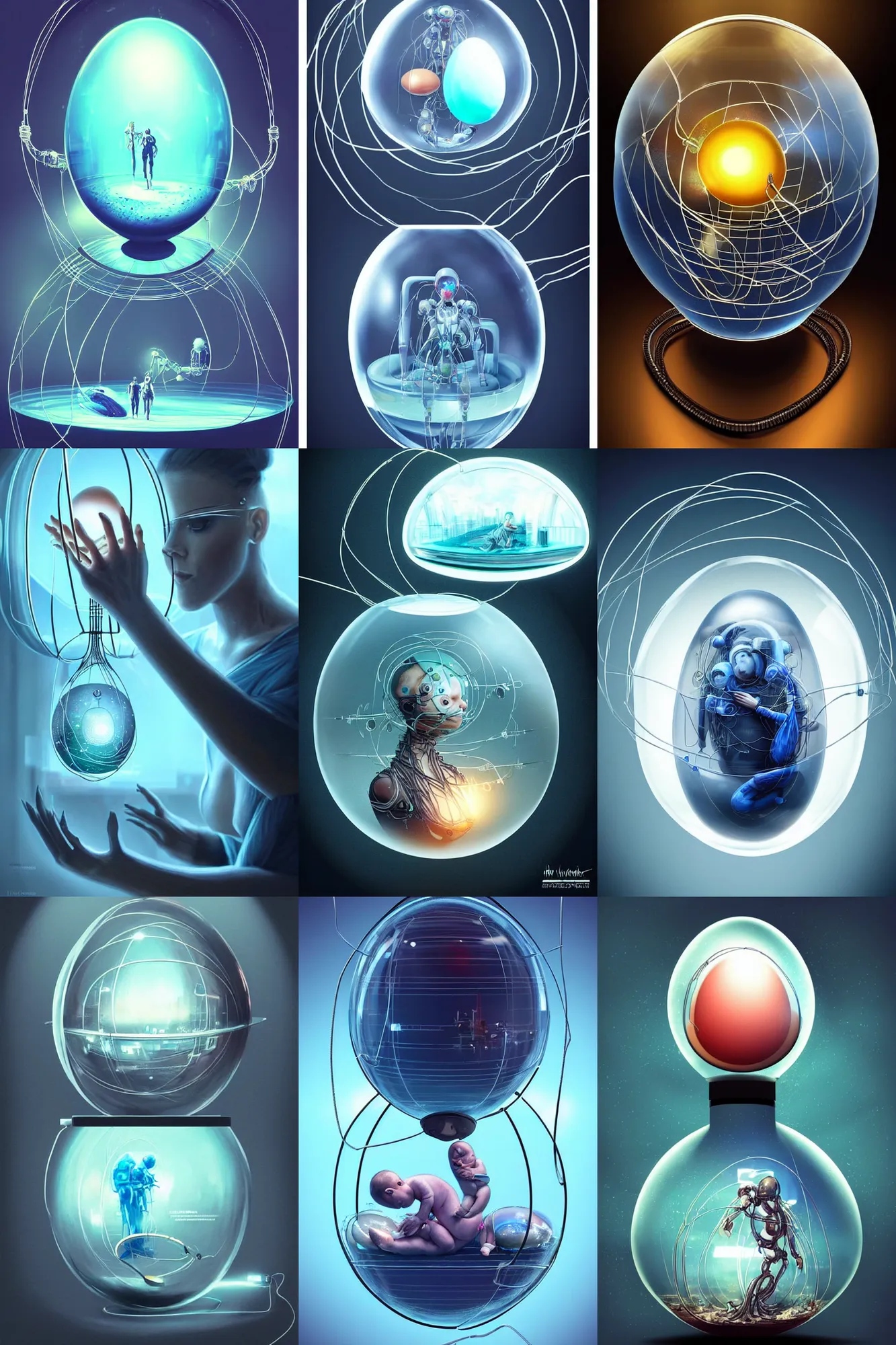 Prompt: high-tech egg made of glass containing an human baby inside, artificial belly with wires made of glass, liquids, dan experiment, biopunk, solarpunk, sci-fi mech, futuristic, cyberpunk, sci-fi, fantasy, elegant, highly detailed, digital painting, artstation, pinterest, concept art, smooth, sharp focus, illustration, art by artgerm and greg rutkowski and alphonse mucha