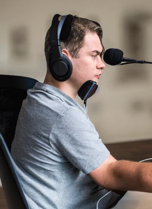 Image similar to photograph of aquinas recording a podcast wearing headphones 8k UHD detailed 85mm CANON EOS