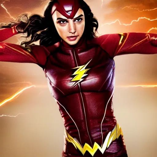 Image similar to an potrait of gal Gadot cast of movie the flash and wearing a flash suit, photorealistic high detail, view from below, full body shot.