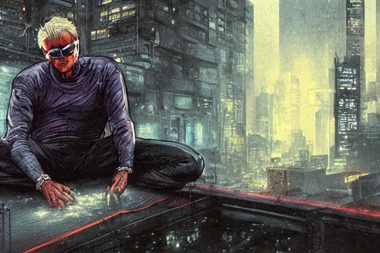 Image similar to roy batty with a bare torso sits in the lotus position with his head bowed in the rain on the roof of a building in the cyberpunk future, around neon signs, a little haze, night, realistic proportions, anime style ghost in armor