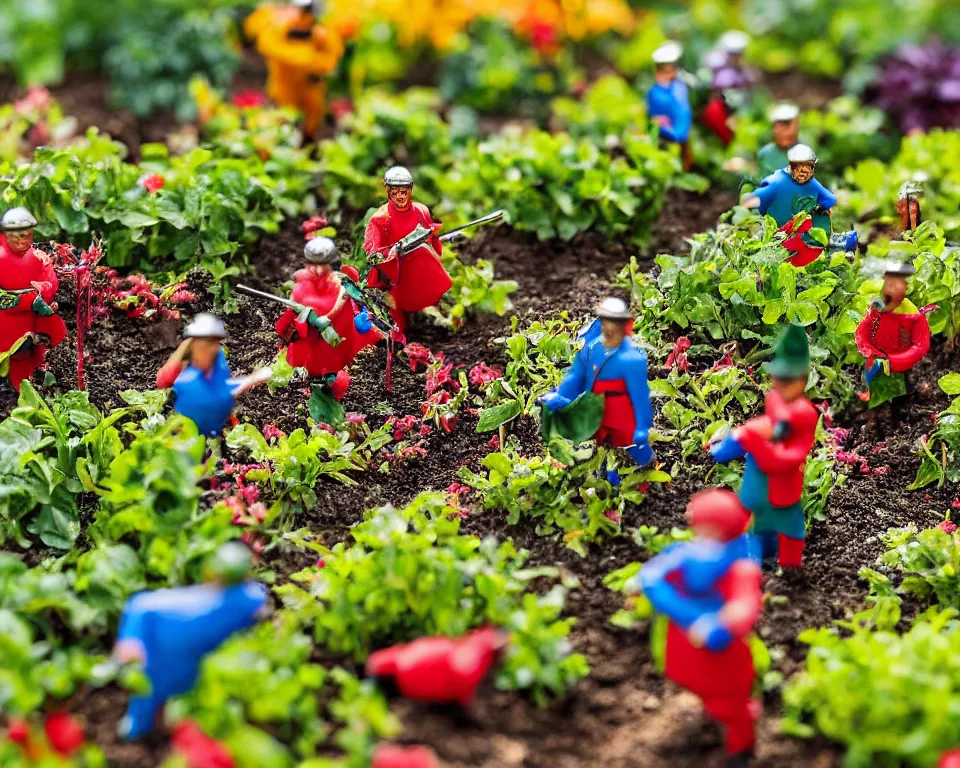 Prompt: close-up, hi-res photo of miniature tin soldiers standing amidst a colorful vegetable garden.