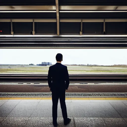 Prompt: a man in a suit waiting at a train station with a view of outer space across from him