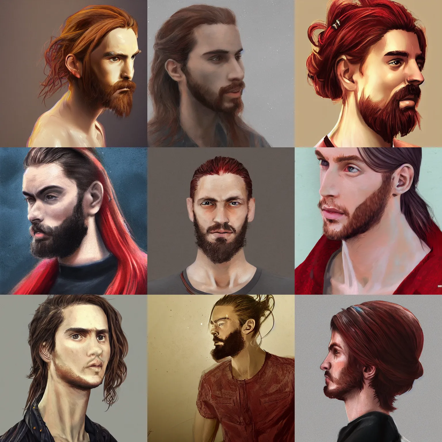 Prompt: portrait of a thin young man with long red hair in a man bun, intricate, symetric, highly detailed, digital painting, artstation, sharp focus