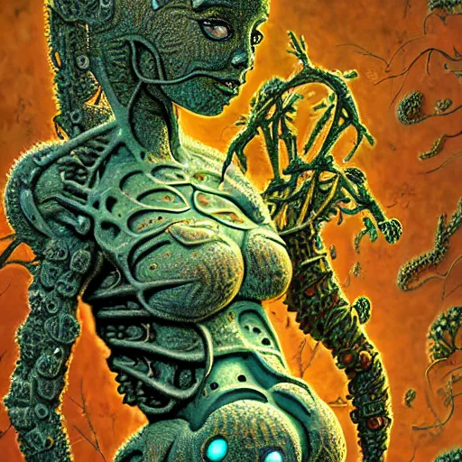 Image similar to highly evolved biomechanical nubile phyrexian dreadnought pregnant borg queen hybrid dotted with small fractal lichens and fungal growth being possessed by the machine spirit, artists tram pararam and doctor seuss with beryl cook and jack kirby, high contrast cinematic light, mystical shadows, sharp focus, octane render