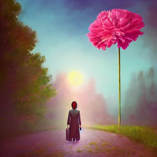 Image similar to giant carnation flower head, girl in a suit, on a path, surreal photography, sunrise, dramatic light, impressionist painting, digital painting, artstation, simon stalenhag