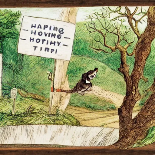 Image similar to A sign nailed to a tree next to the path which reads: The Hopping Trail. This way to adventure! illustration by Beatrix Potter