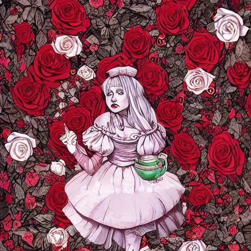 Image similar to Alice in Wonderland at the tea party, surrounded by red and white roses, digital illustration, inspired by Aeon Flux and Möbius, hyper detailed, Magic realism, super photorealistic, muted warm pastel shades, extremely fine inking lines