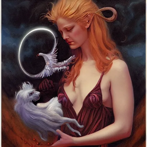 Image similar to portrait of a angelic woman and her demonic pet, by Gerald Brom